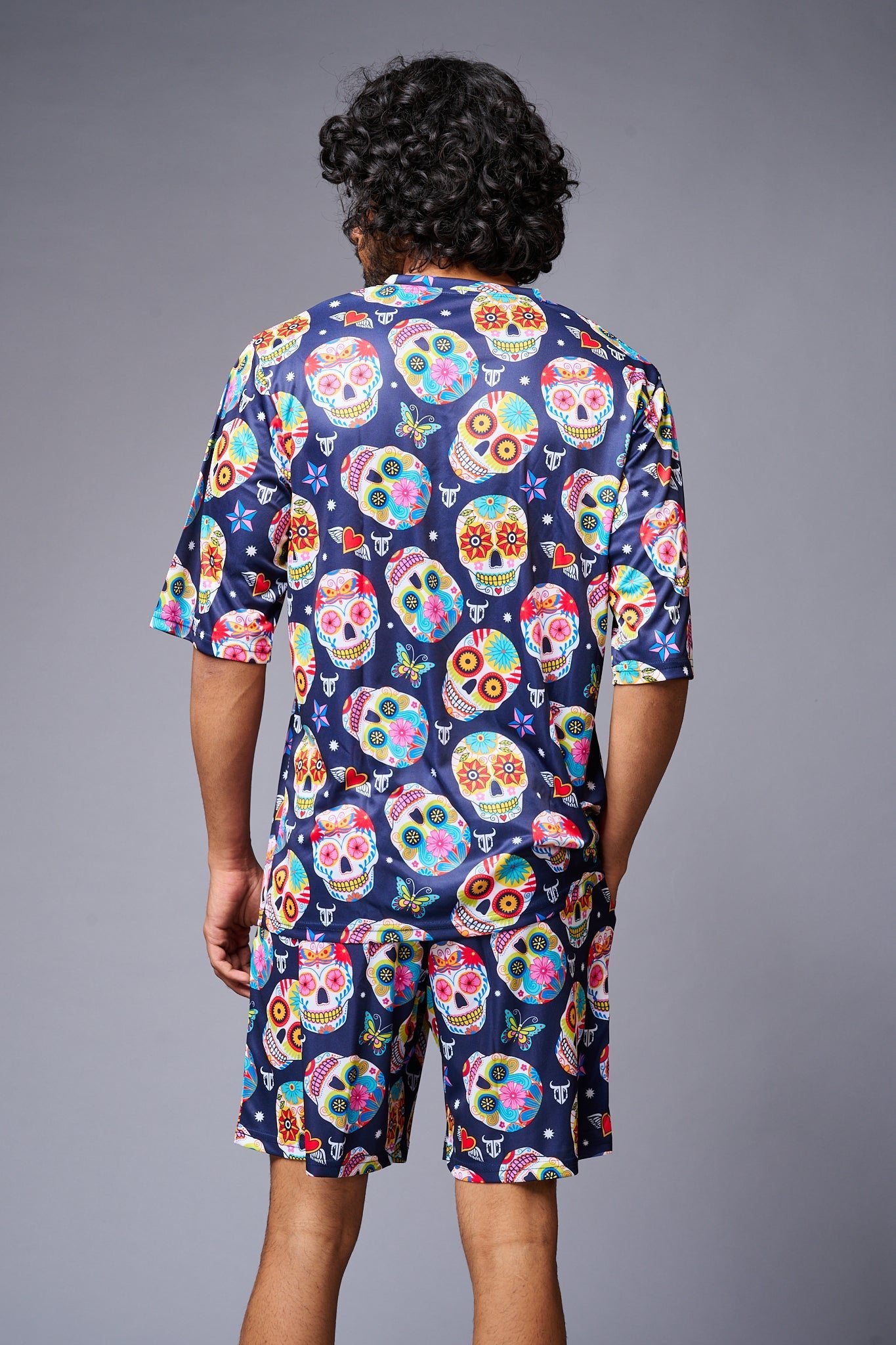 Colourfull Skull Printed Blue Co-ord Set for Men - Go Devil