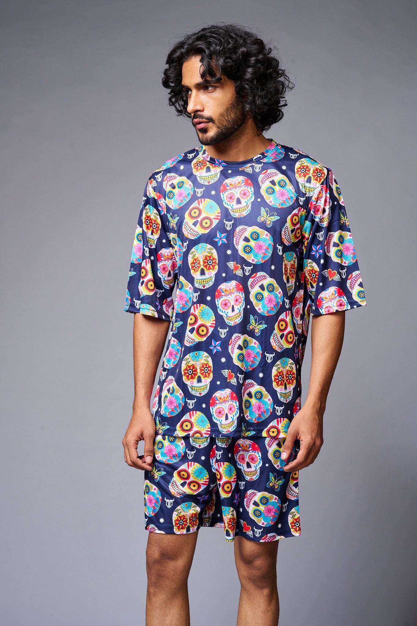 Colourfull Skull Printed Blue Co-ord Set for Men - Go Devil