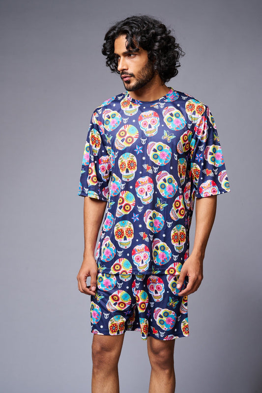 Colourfull Skull Printed Blue Co-ord Set for Men - Go Devil