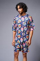 Colourfull Skull Printed Blue Co-ord Set for Men - Go Devil