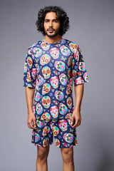Colourfull Skull Printed Blue Co-ord Set for Men - Go Devil