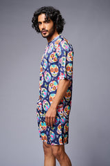 Colourfull Skull Printed Blue Co-ord Set for Men - Go Devil