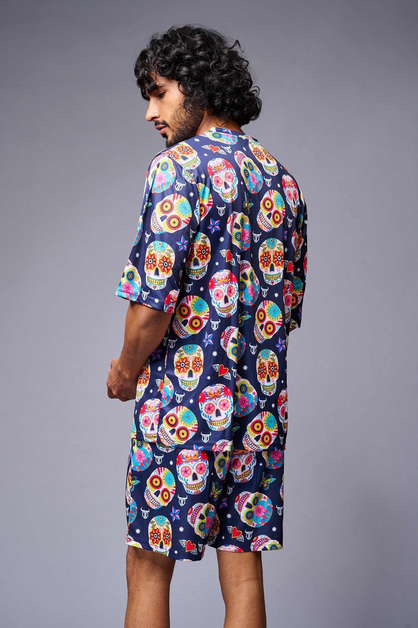 Colourfull Skull Printed Blue Co-ord Set for Men - Go Devil