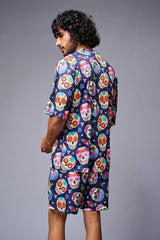 Colourfull Skull Printed Blue Co-ord Set for Men - Go Devil