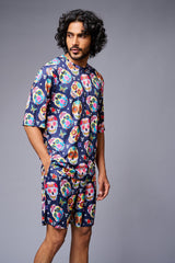 Colourfull Skull Printed Blue Co-ord Set for Men - Go Devil