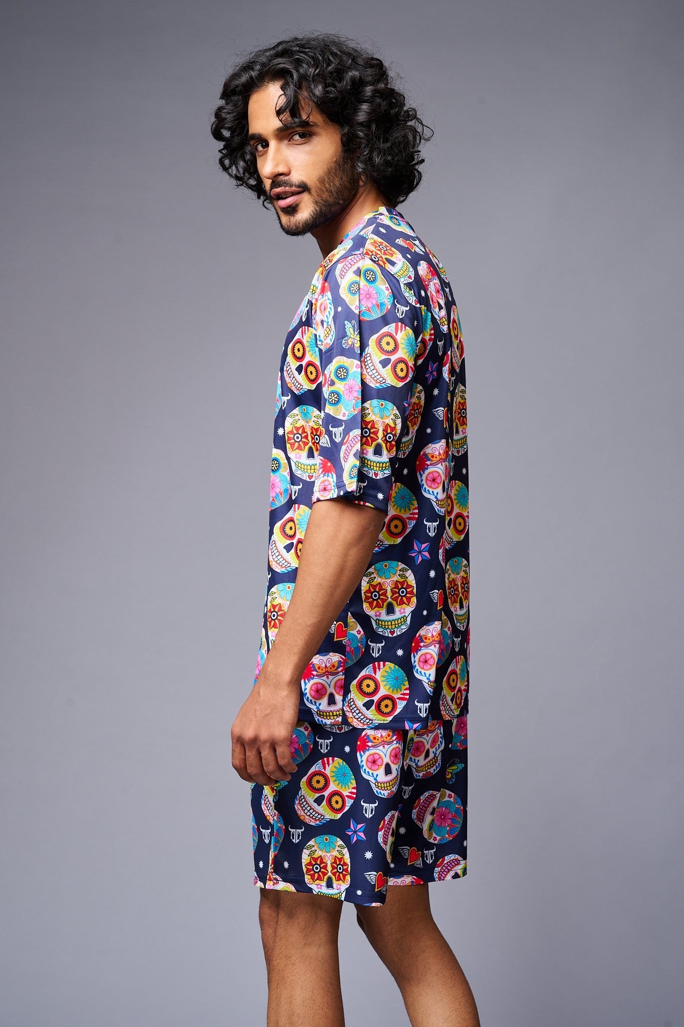 Colourfull Skull Printed Blue Co-ord Set for Men - Go Devil