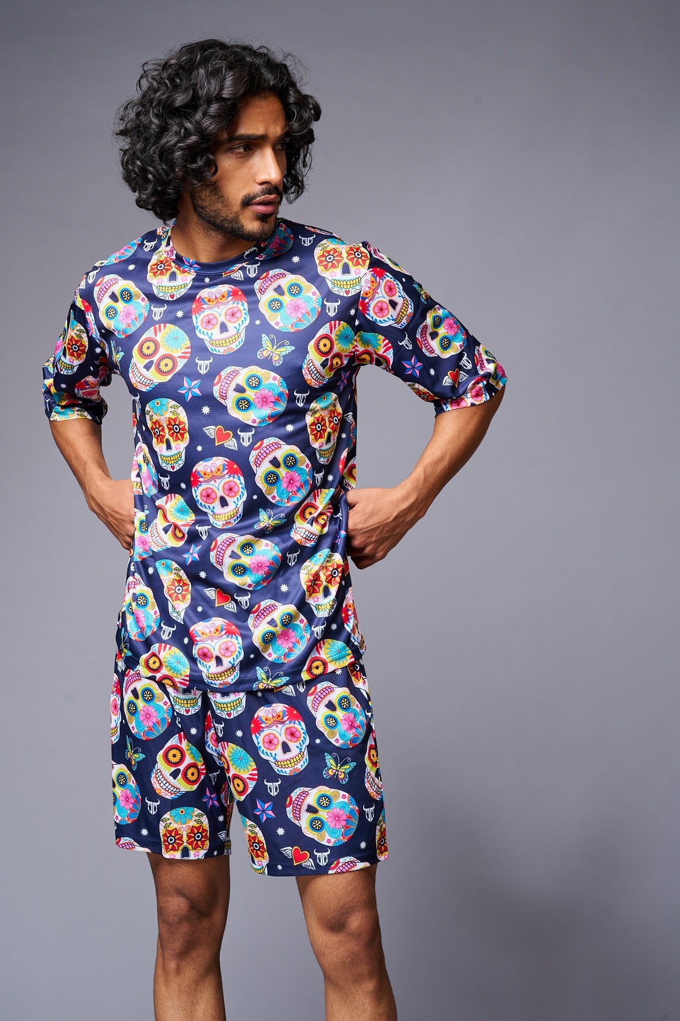 Colourfull Skull Printed Blue Co-ord Set for Men - Go Devil