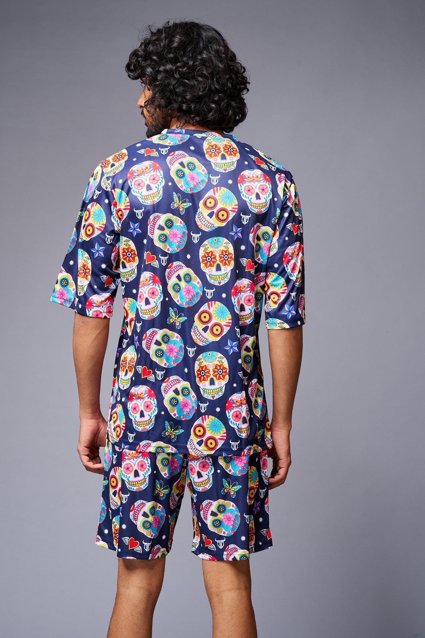 Colourfull Skull Printed Blue Co-ord Set for Men - Go Devil