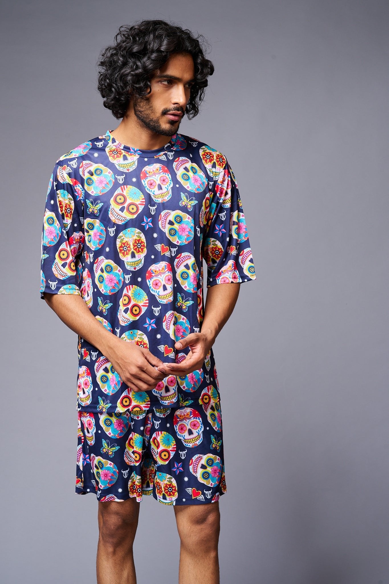 Colourfull Skull Printed Blue Co-ord Set for Men - Go Devil