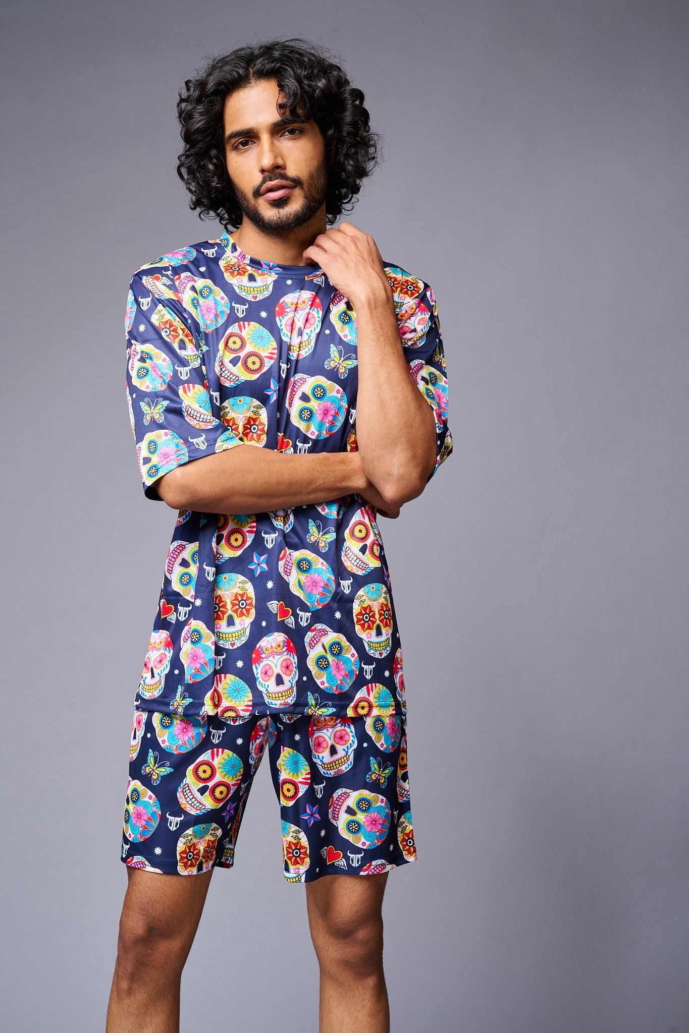 Colourfull Skull Printed Blue Co-ord Set for Men - Go Devil