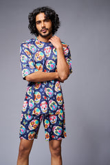 Colourfull Skull Printed Blue Co-ord Set for Men - Go Devil