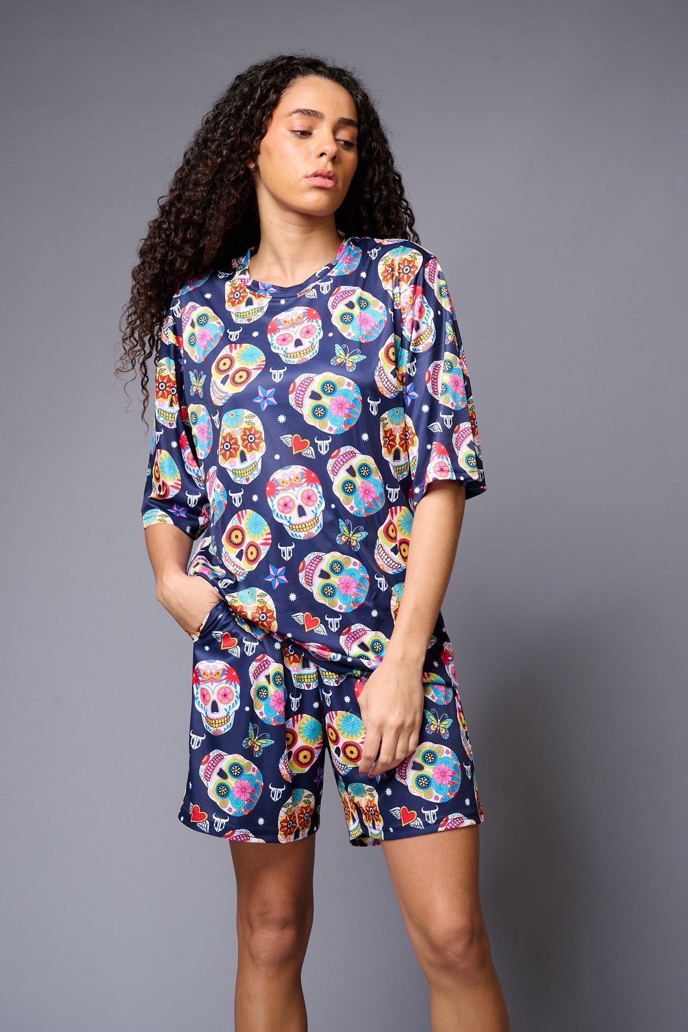 Colourfull Skull Printed Premium Co-ord Set for Women - Go Devil