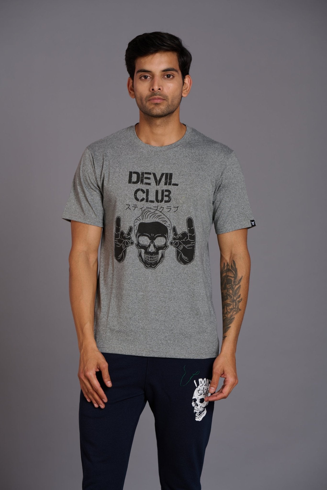 Devil Club & Skull Printed Grey Oversized T-Shirt for Men - Go Devil
