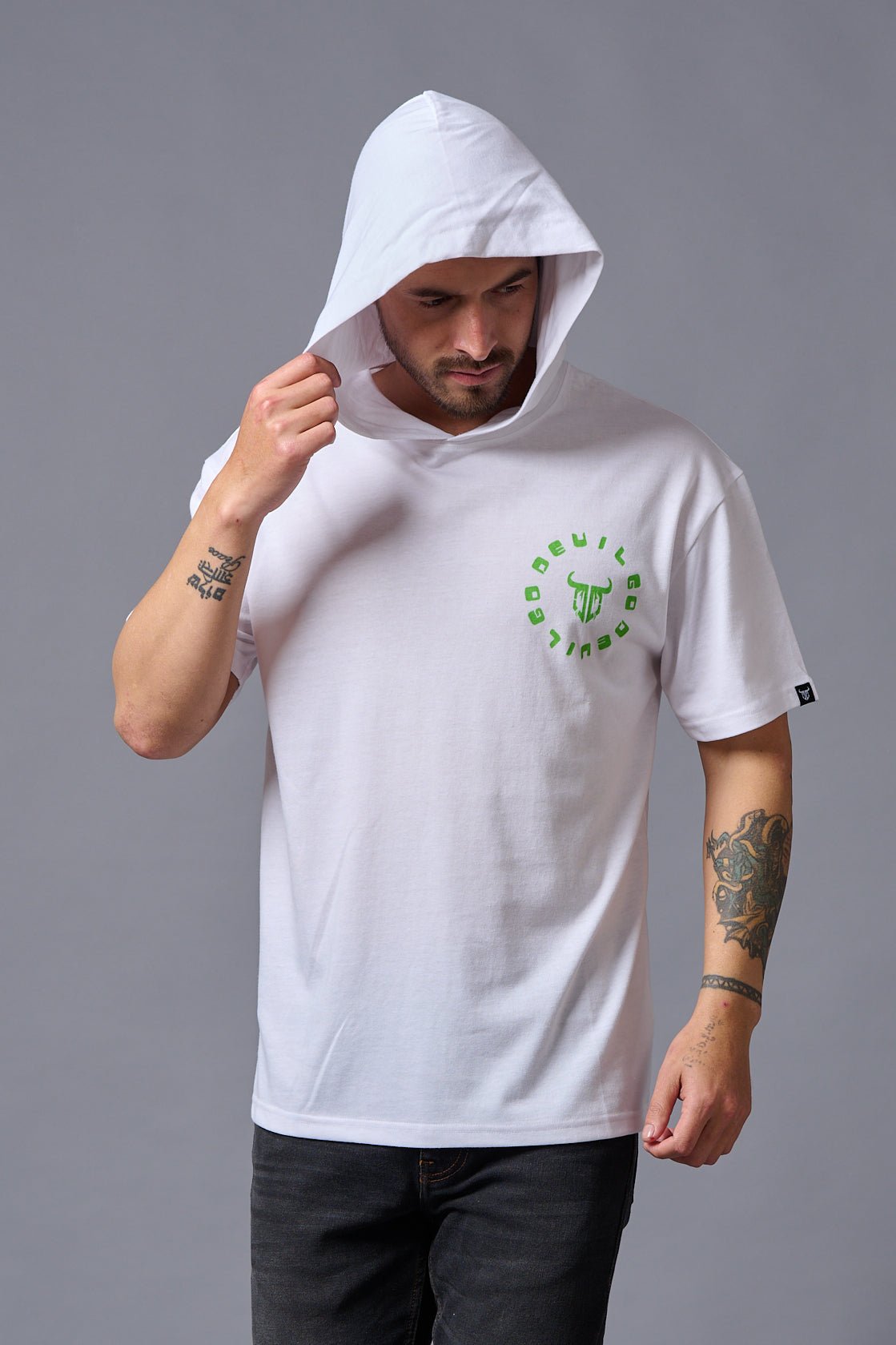 Devil (in Green) Printed White Hooded Oversized T-Shirt for Men - Go Devil