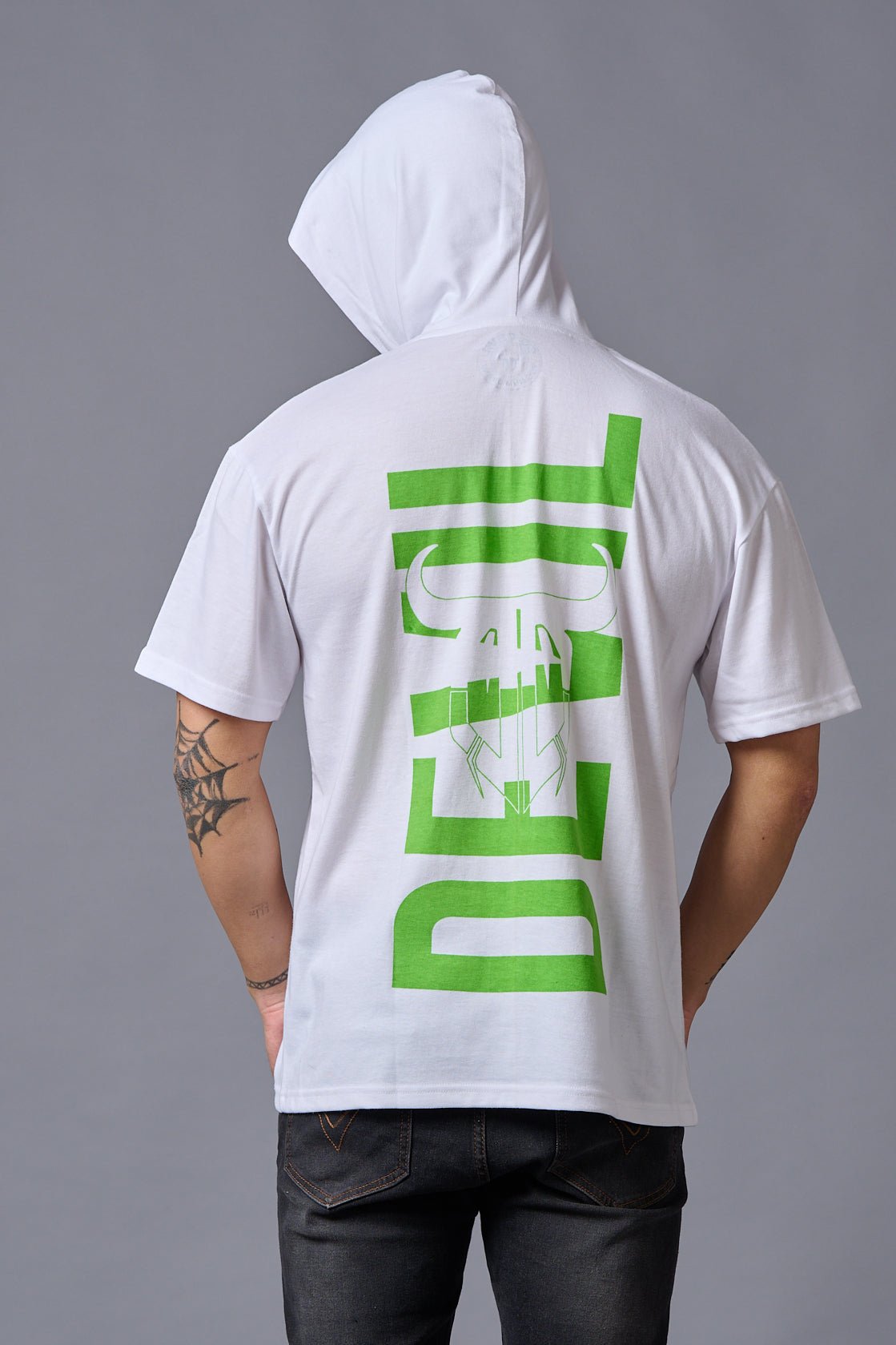 Devil (in Green) Printed White Hooded Oversized T-Shirt for Men