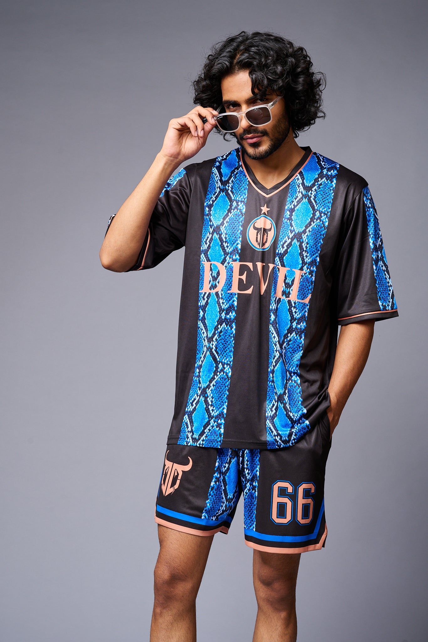 Devil Printed Snake Design Blue & Black Co-ord Set for Men - Go Devil