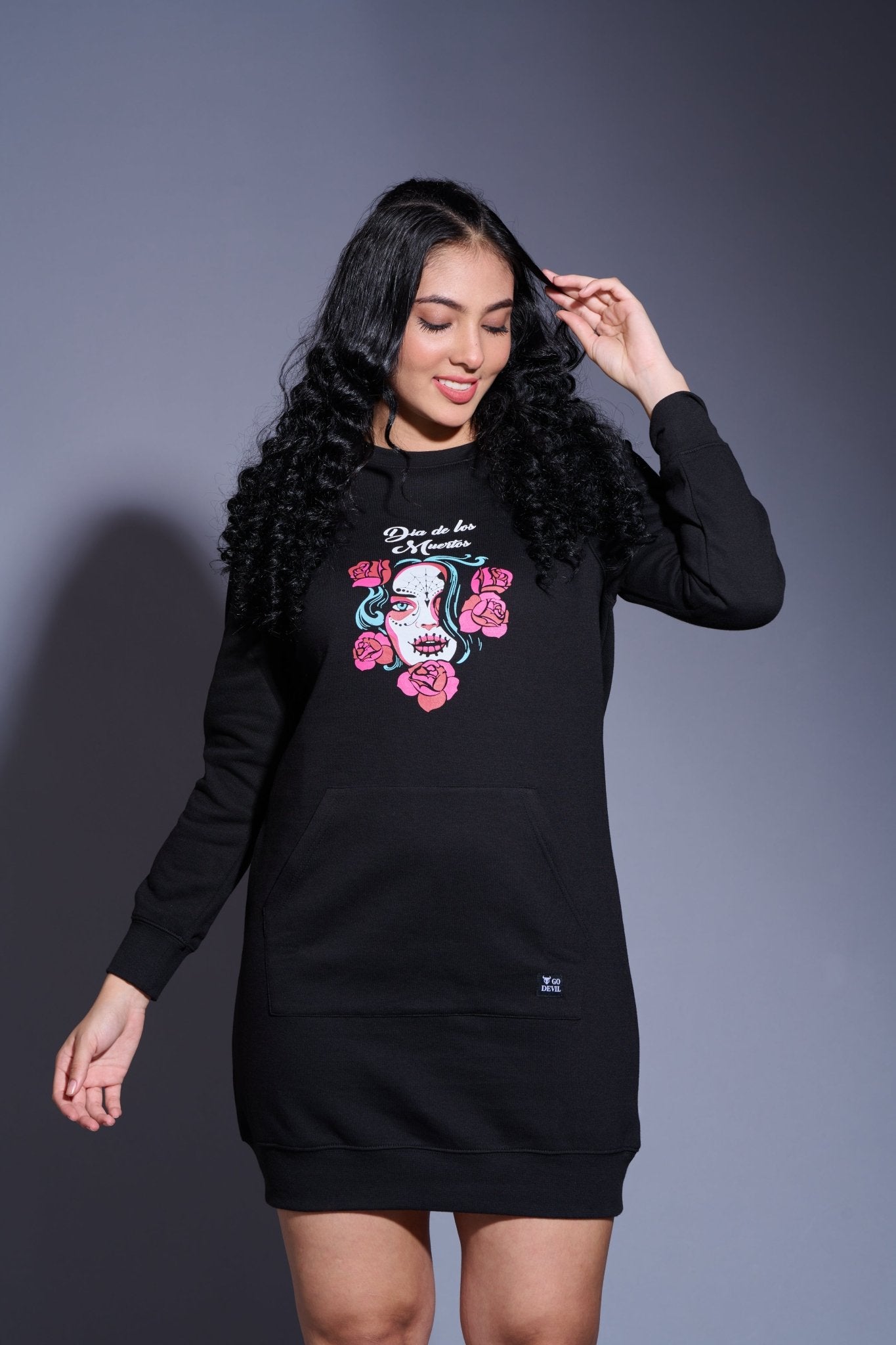 Dia De los Printed Black Sweatdress for Women - Go Devil