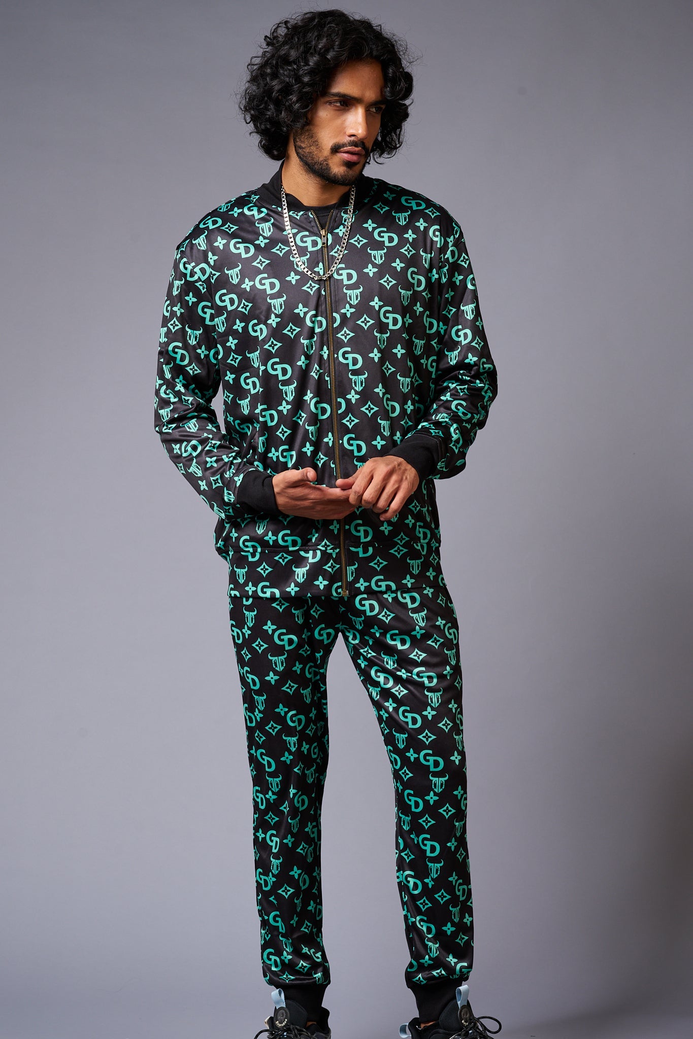 GD (in Green) with Logo Printed Black Bomber Style Jacket with Pant Co-ord Set for Men - Go Devil