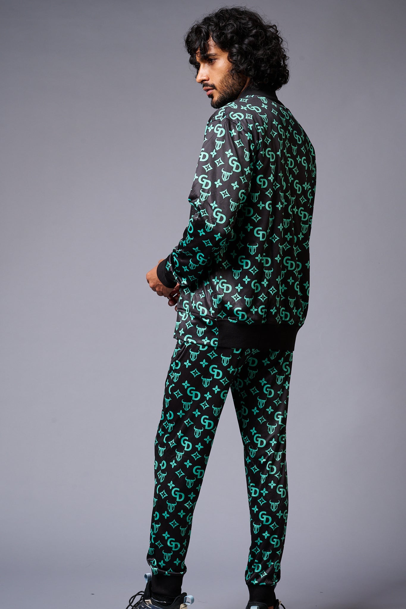 GD (in Green) with Logo Printed Black Bomber Style Jacket with Pant Co-ord Set for Men - Go Devil