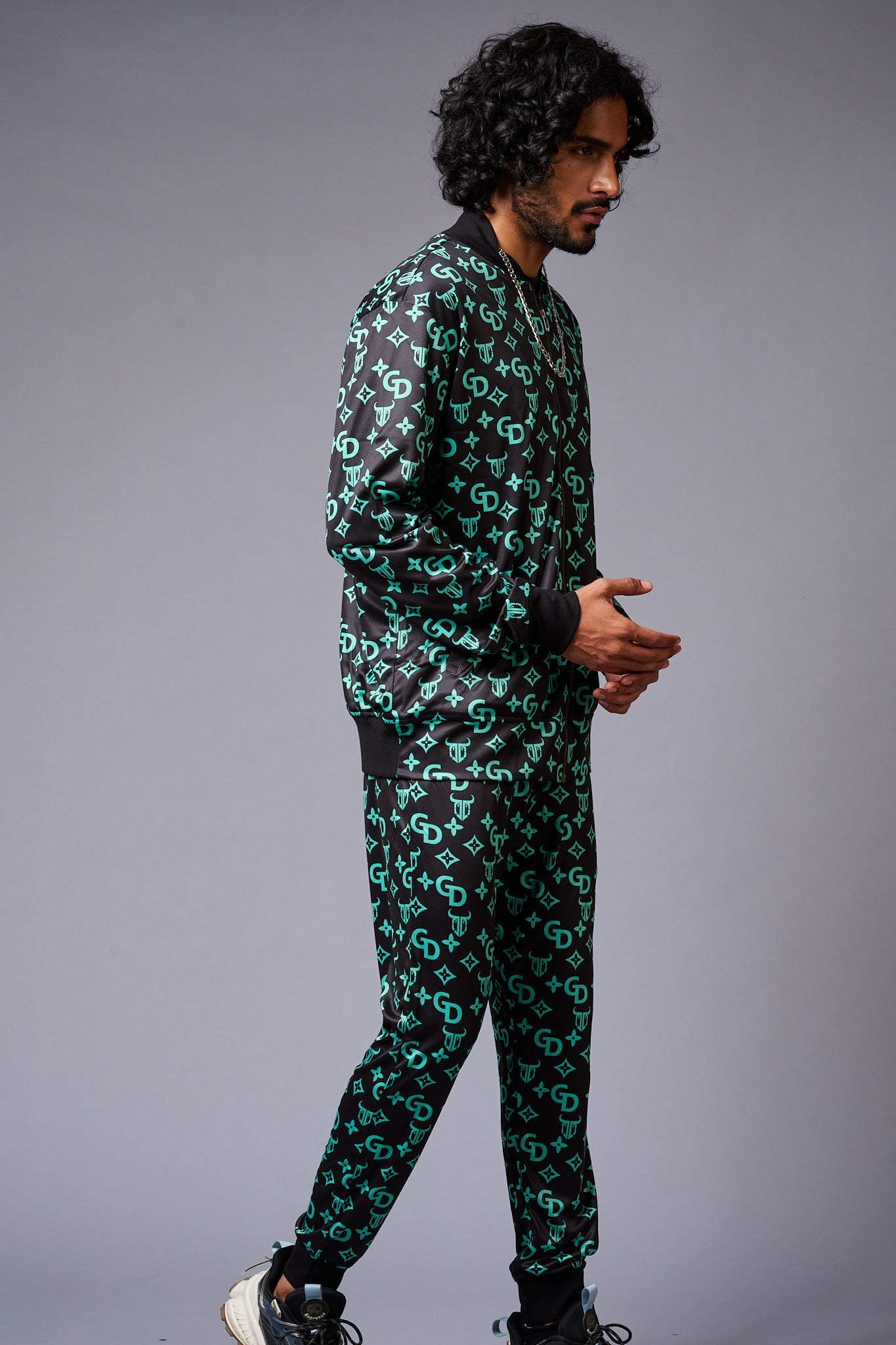 GD (in Green) with Logo Printed Black Bomber Style Jacket with Pant Co-ord Set for Men - Go Devil