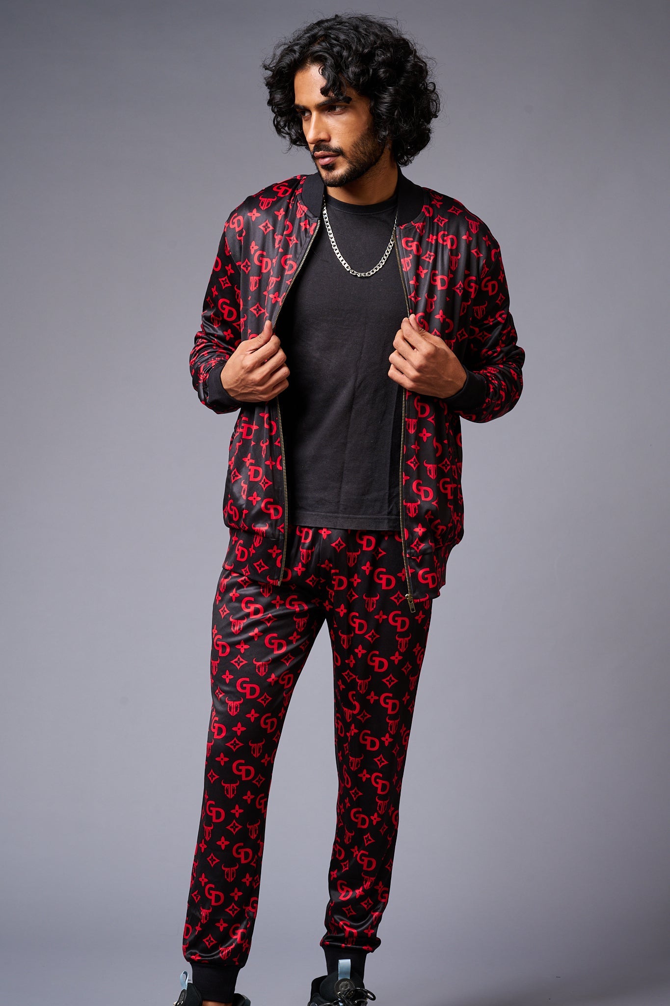GD (in Red) with Logo Printed Black Bomber Style Jacket with Pant Co-ord Set for Men - Go Devil