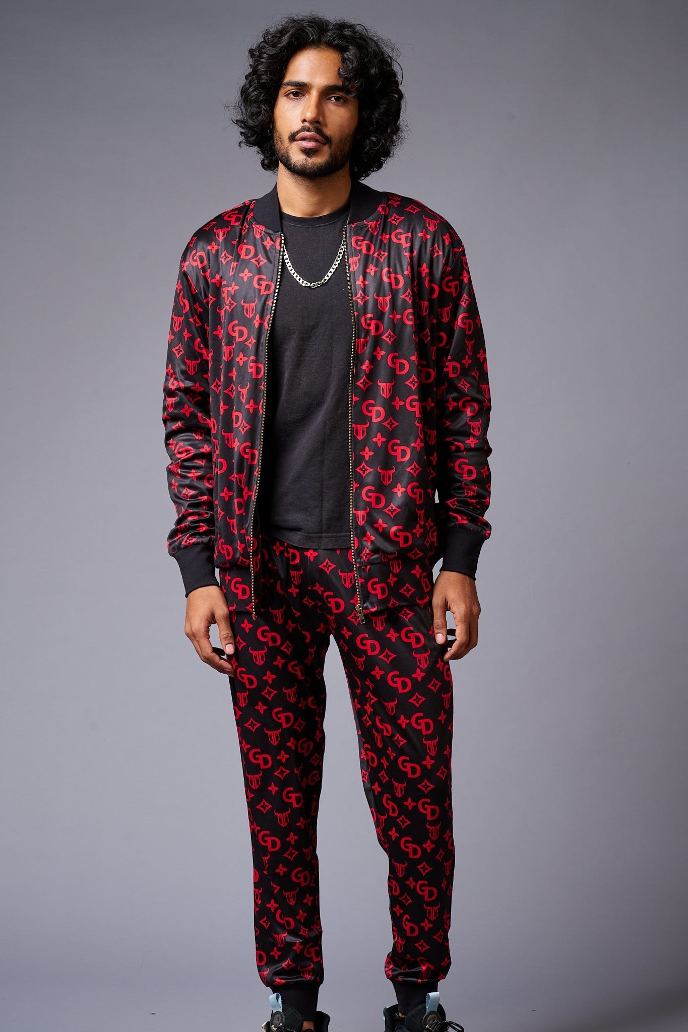 GD (in Red) with Logo Printed Black Bomber Style Jacket with Pant Co-ord Set for Men - Go Devil