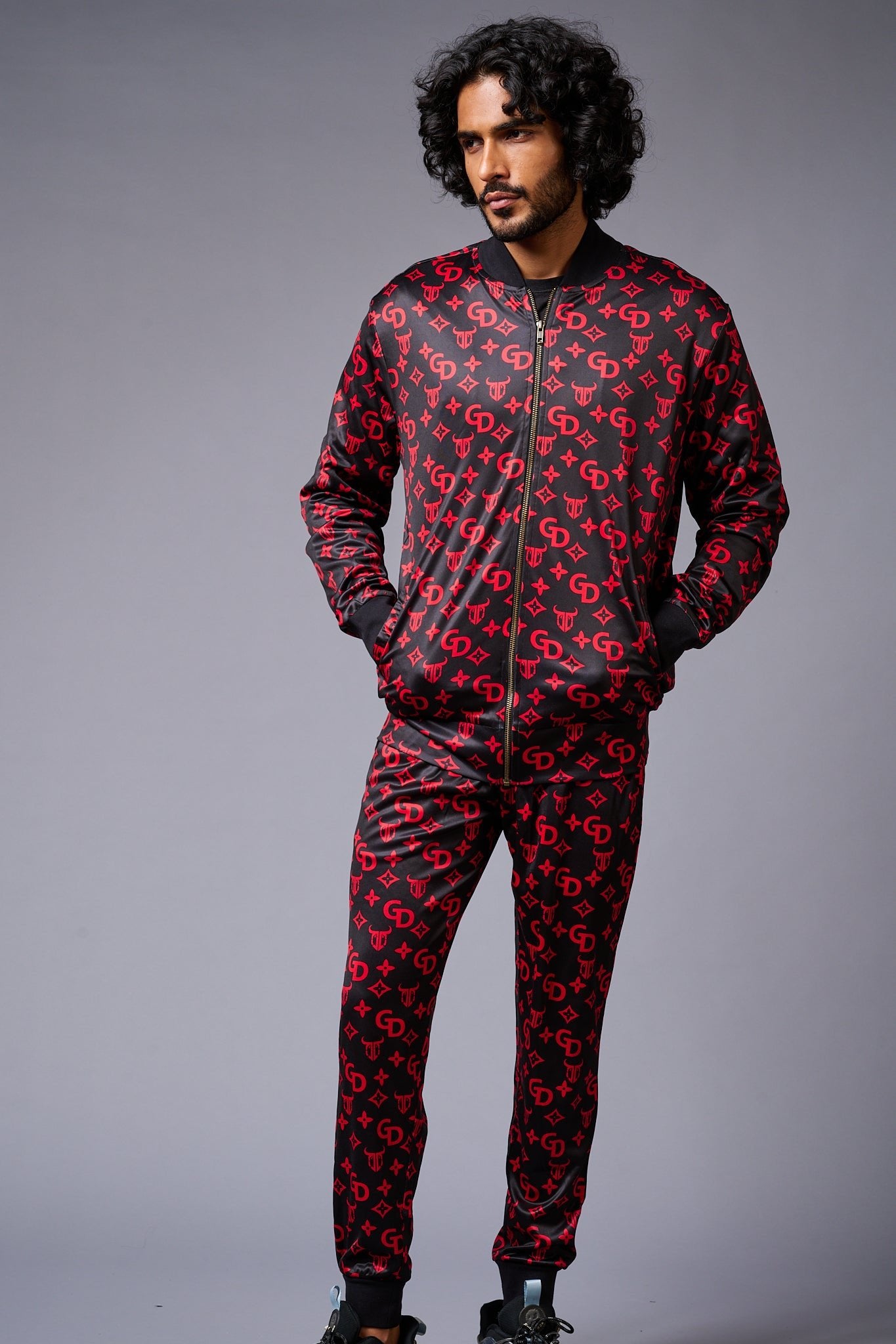 GD (in Red) with Logo Printed Black Bomber Style Jacket with Pant Co-ord Set for Men - Go Devil