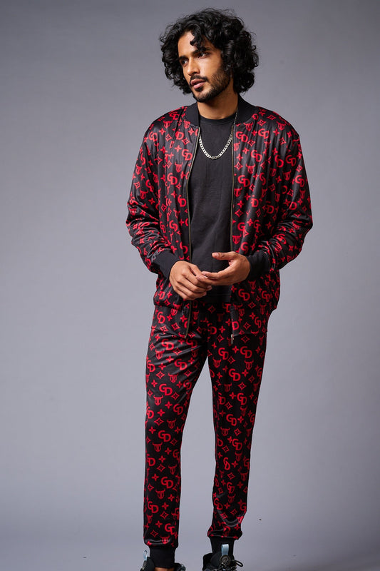 GD (in Red) with Logo Printed Black Bomber Style Jacket with Pant Co-ord Set for Men - Go Devil