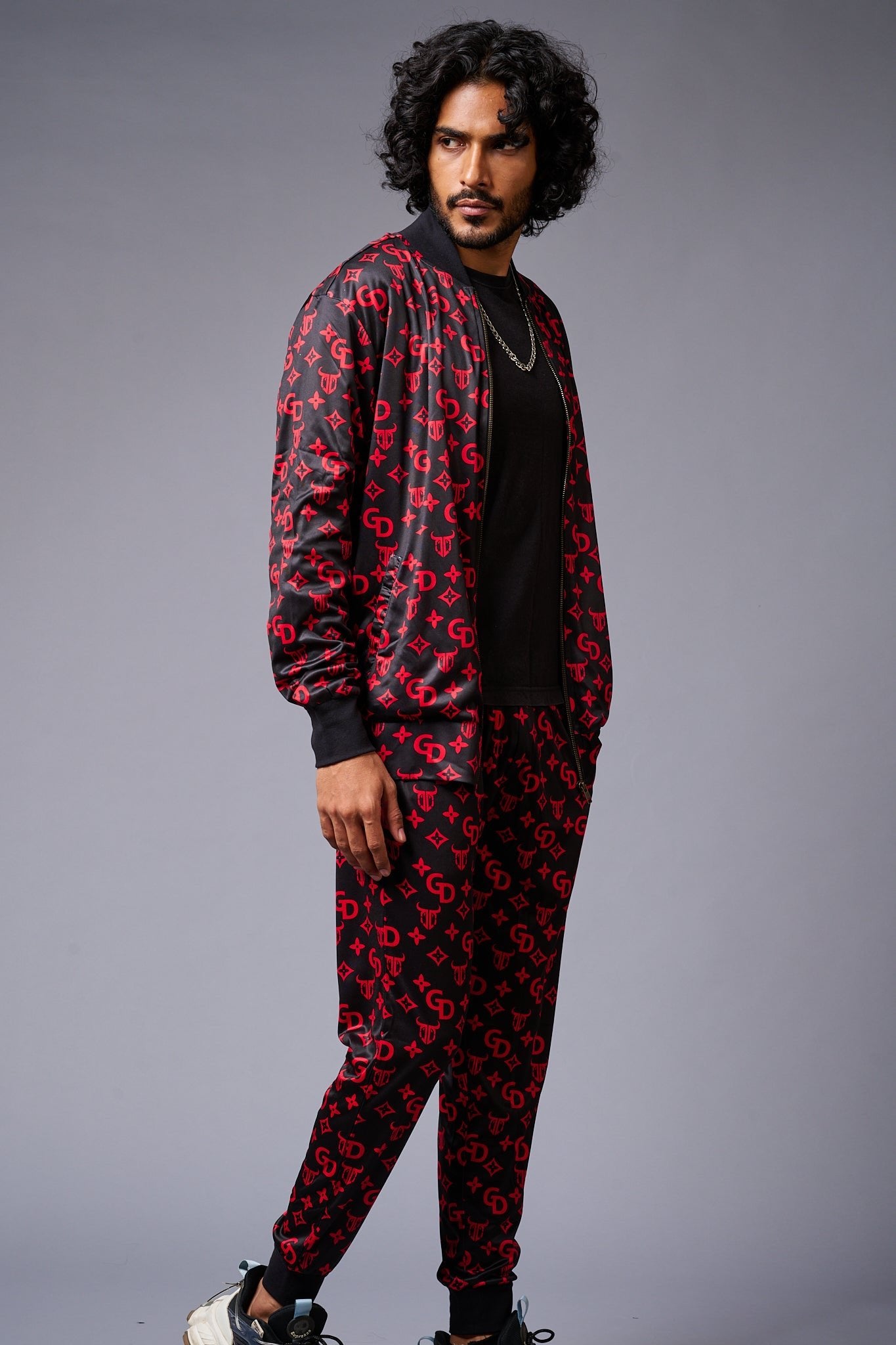 GD (in Red) with Logo Printed Black Bomber Style Jacket with Pant Co-ord Set for Men - Go Devil