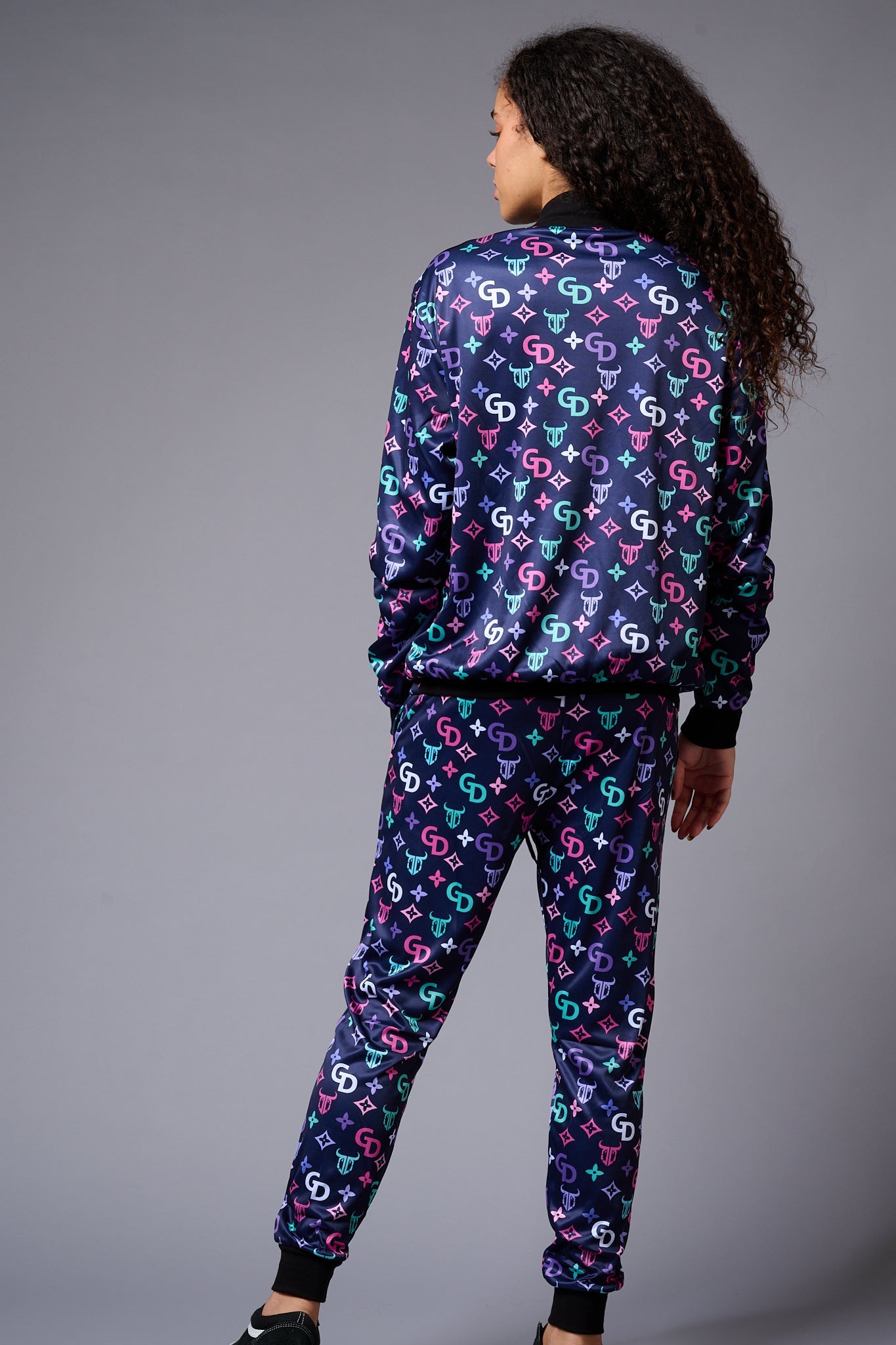 GD Logo Colourful Printed Blue Bomber Style Jacket with Pant Co-ord Set for Women - Go Devil