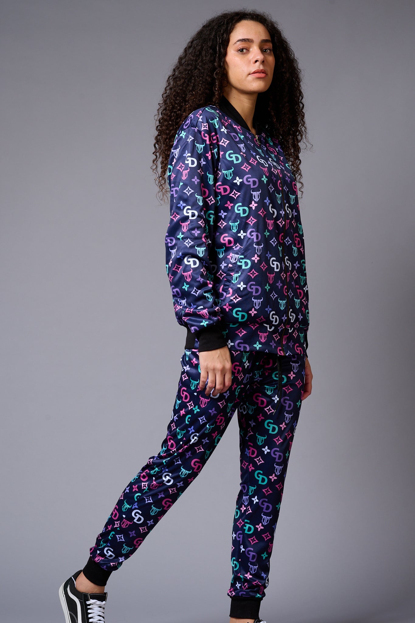GD Logo Colourful Printed Blue Bomber Style Jacket with Pant Co-ord Set for Women - Go Devil