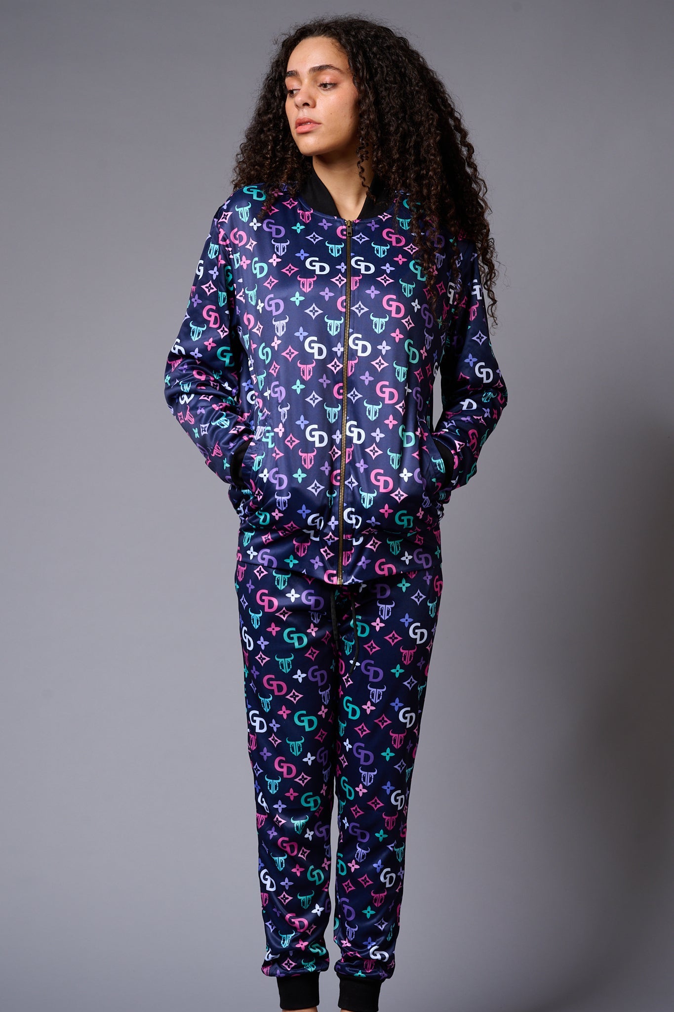 GD Logo Colourful Printed Blue Bomber Style Jacket with Pant Co-ord Set for Women - Go Devil