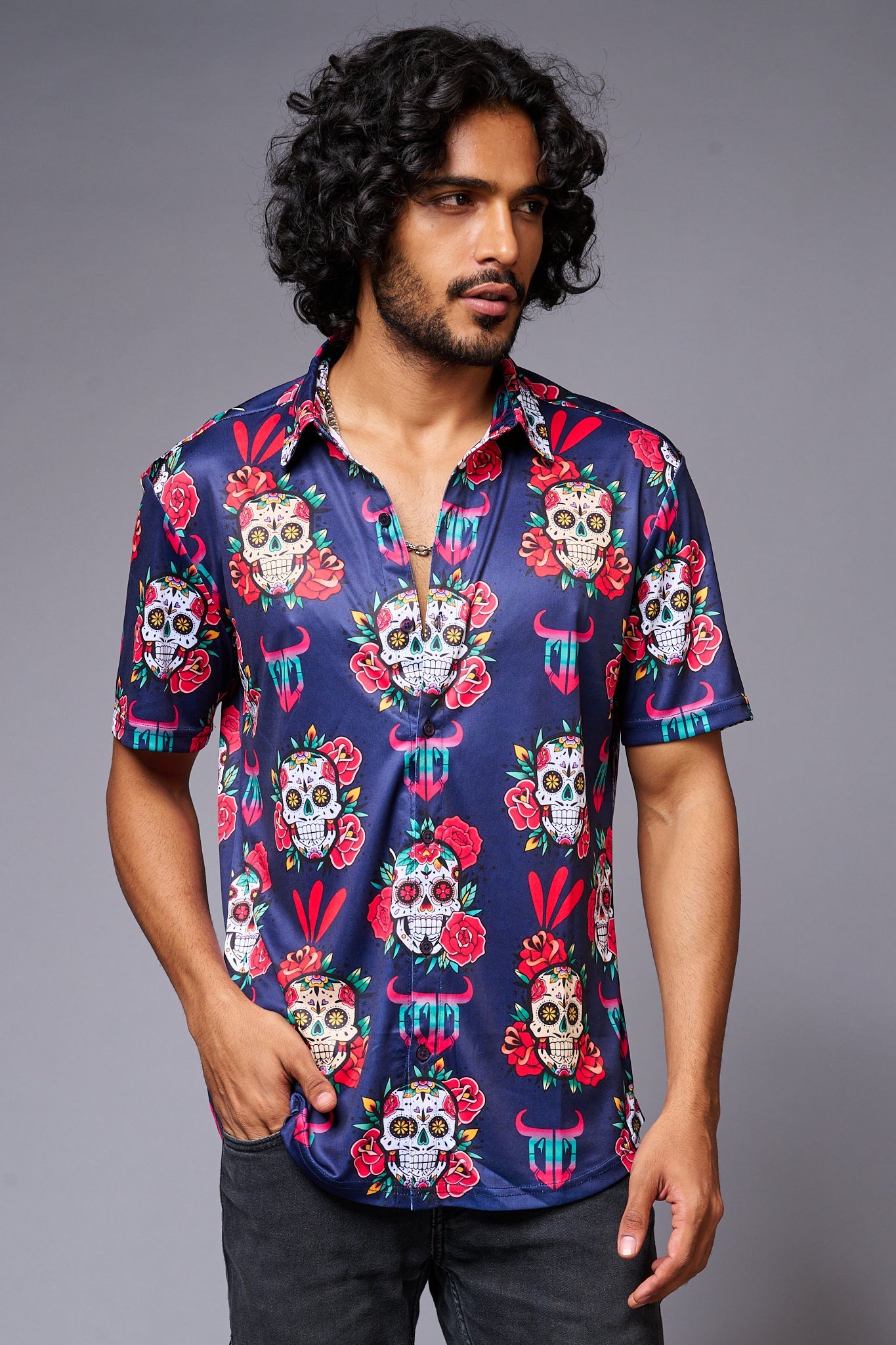 GD Logo Colourful Skull Printed Blue Shirt for Men - Go Devil