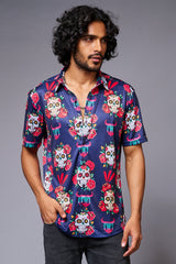 GD Logo Colourful Skull Printed Blue Shirt for Men - Go Devil