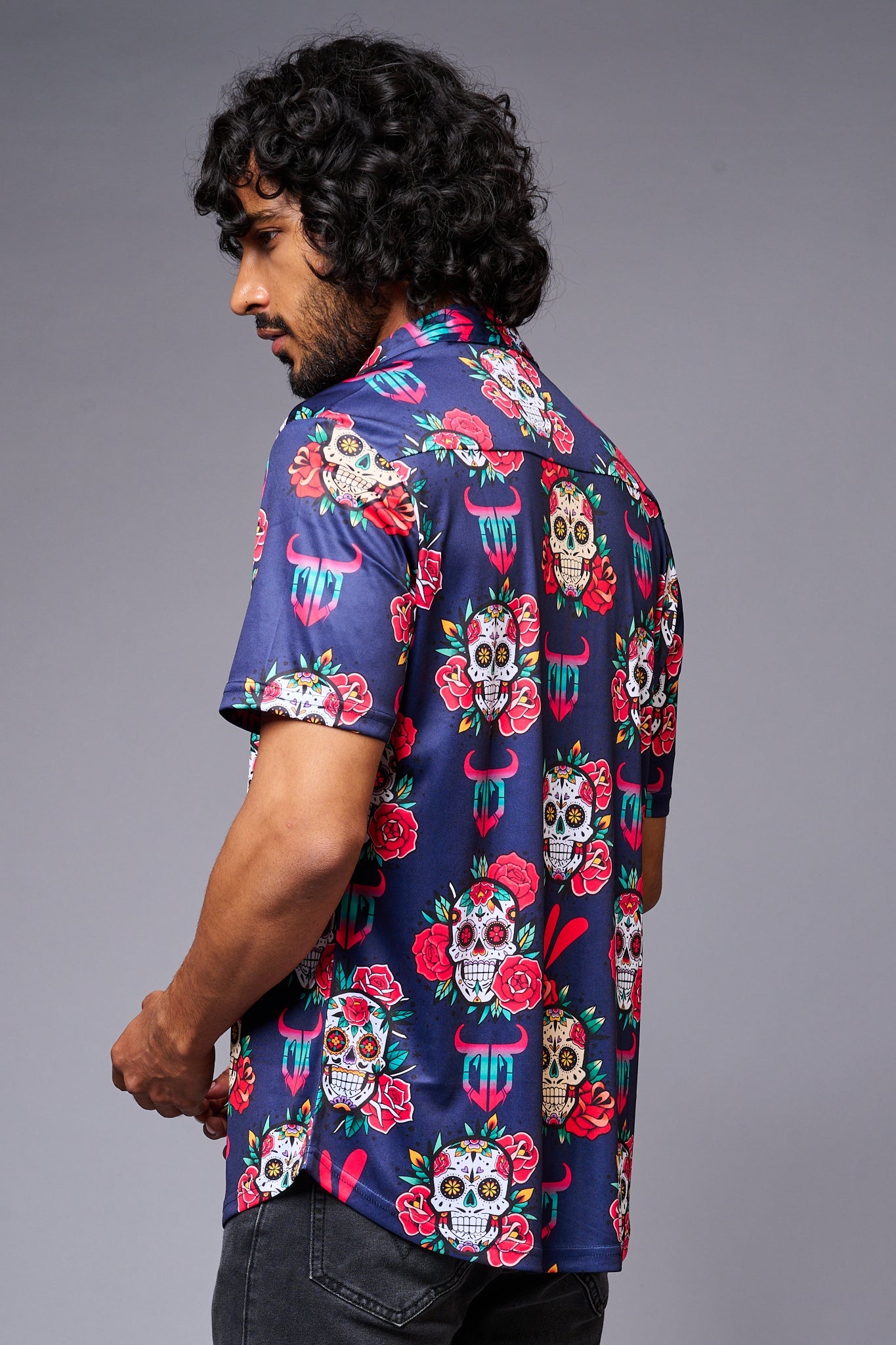 GD Logo Colourful Skull Printed Blue Shirt for Men - Go Devil