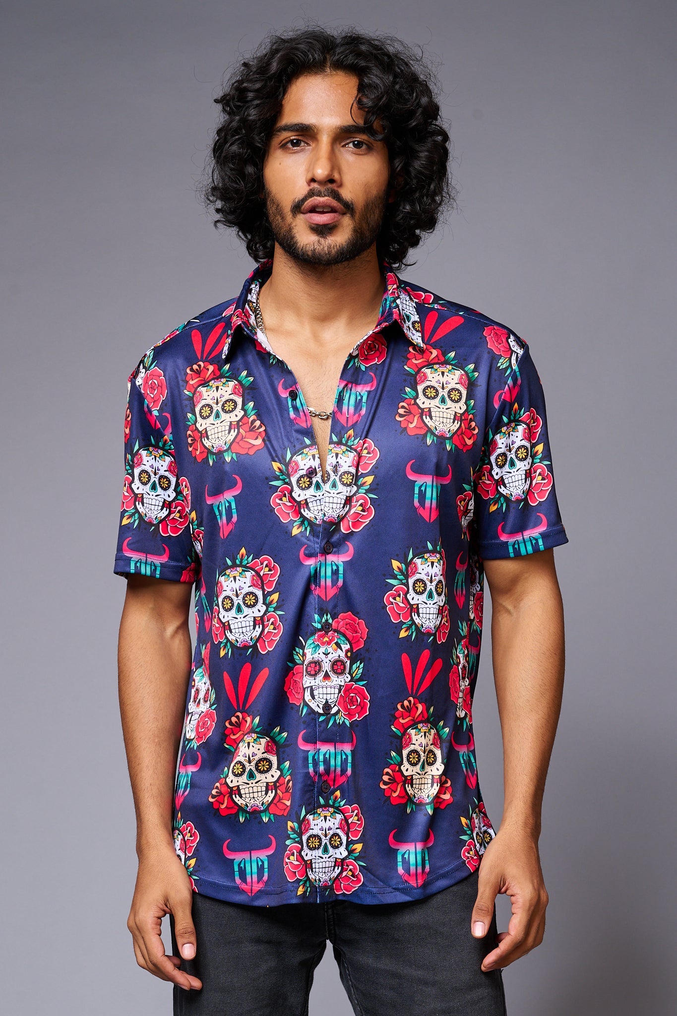 GD Logo Colourful Skull Printed Blue Shirt for Men - Go Devil