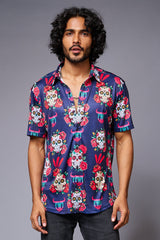 GD Logo Colourful Skull Printed Blue Shirt for Men - Go Devil