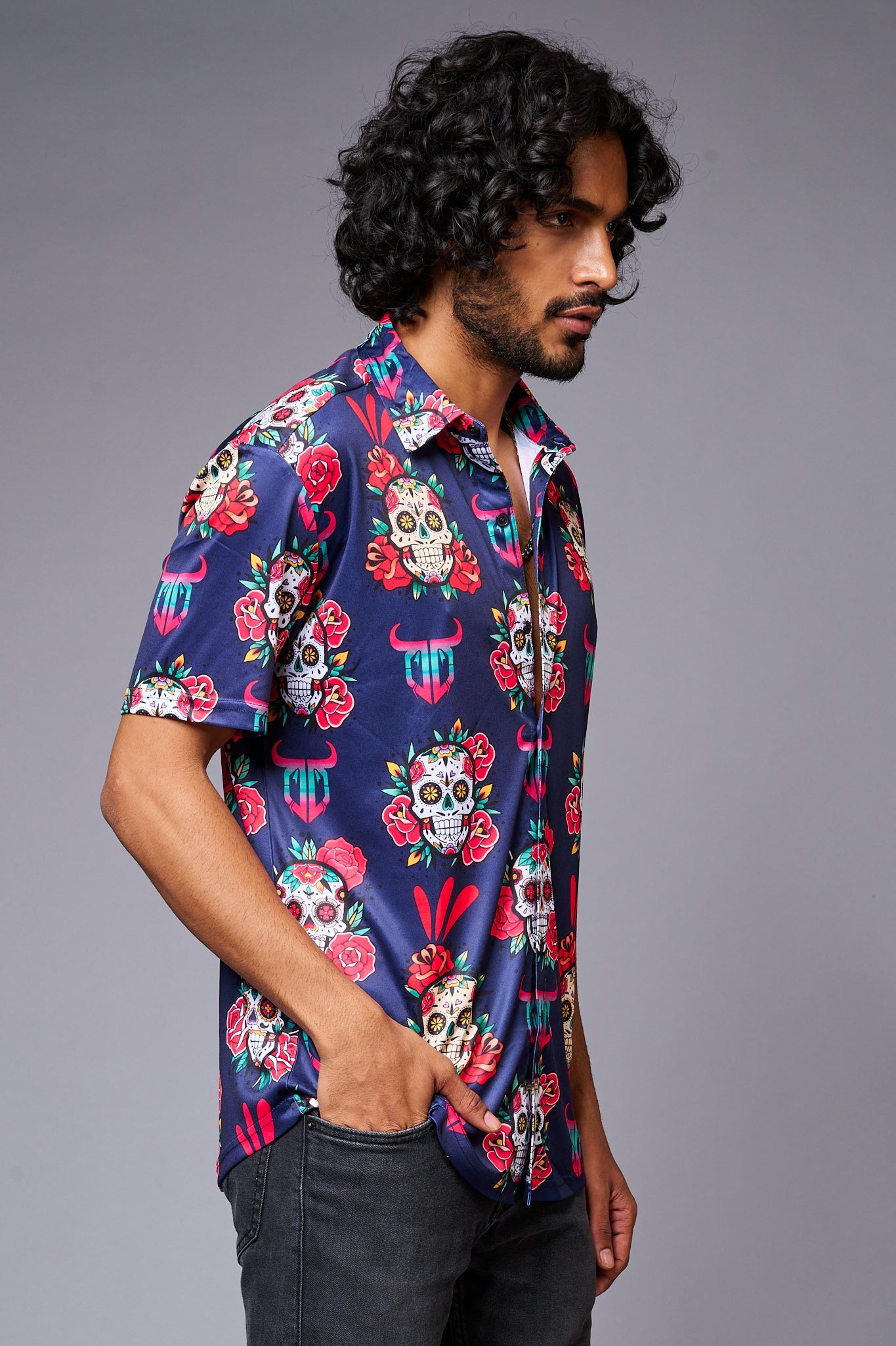 GD Logo Colourful Skull Printed Blue Shirt for Men - Go Devil