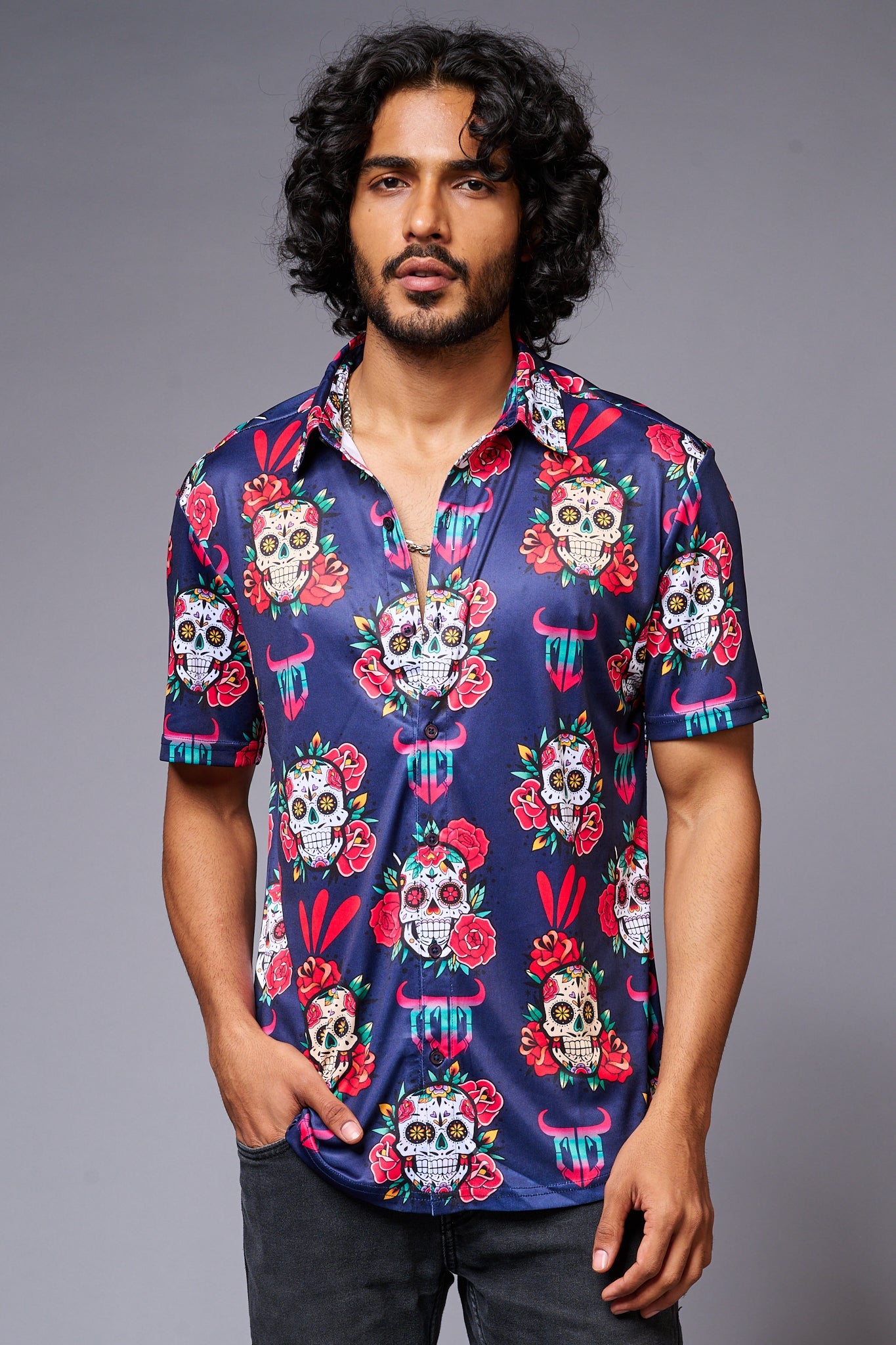 GD Logo Colourful Skull Printed Blue Shirt for Men - Go Devil