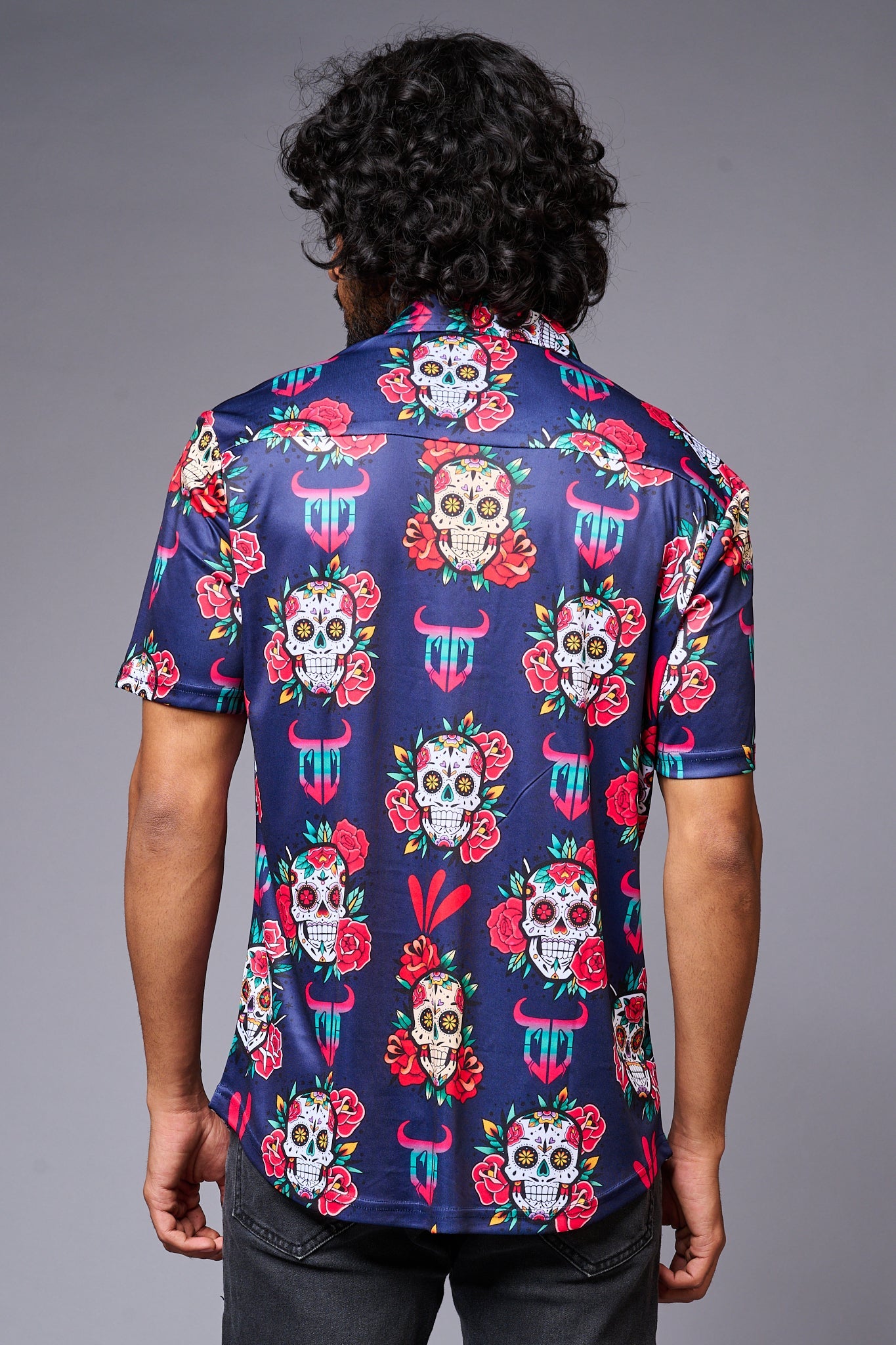 GD Logo Colourful Skull Printed Blue Shirt for Men - Go Devil