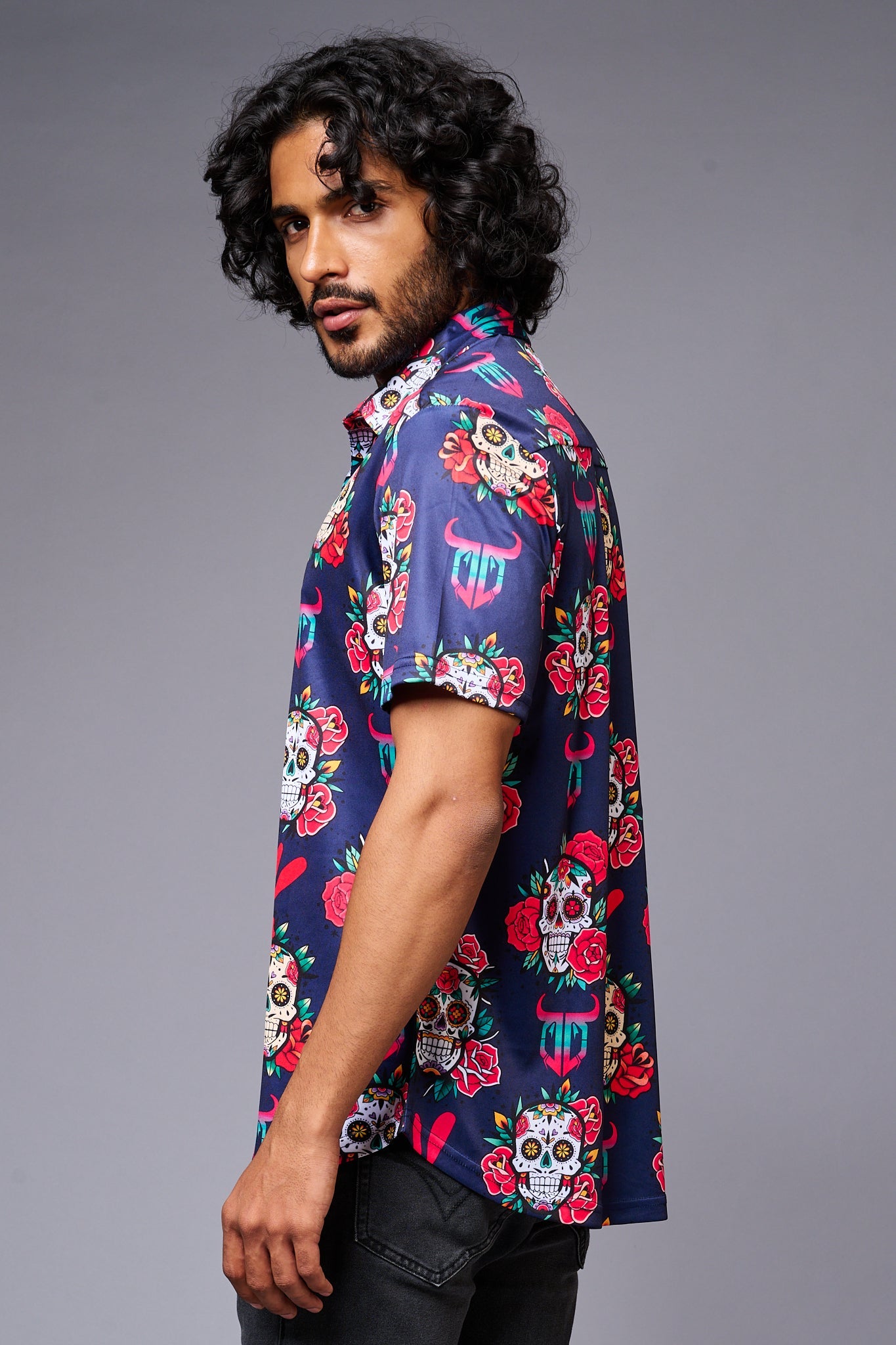 GD Logo Colourful Skull Printed Blue Shirt for Men - Go Devil