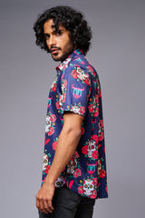 GD Logo Colourful Skull Printed Blue Shirt for Men - Go Devil