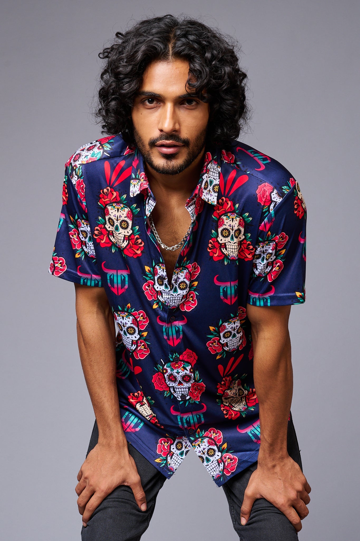 GD Logo Colourful Skull Printed Blue Shirt for Men - Go Devil