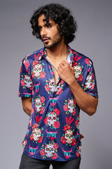 GD Logo Colourful Skull Printed Blue Shirt for Men - Go Devil