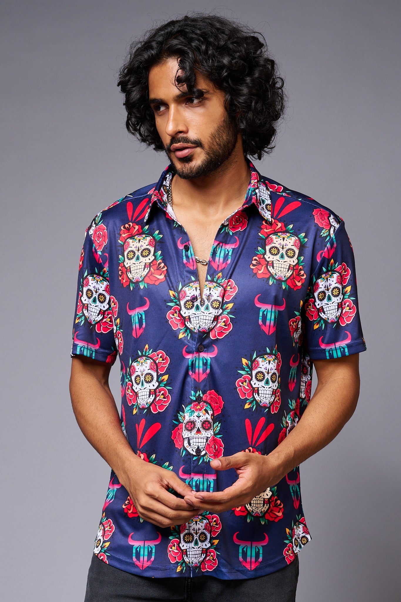 GD Logo Colourful Skull Printed Blue Shirt for Men - Go Devil