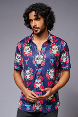 GD Logo Colourful Skull Printed Blue Shirt for Men - Go Devil