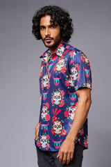 GD Logo Colourful Skull Printed Blue Shirt for Men - Go Devil