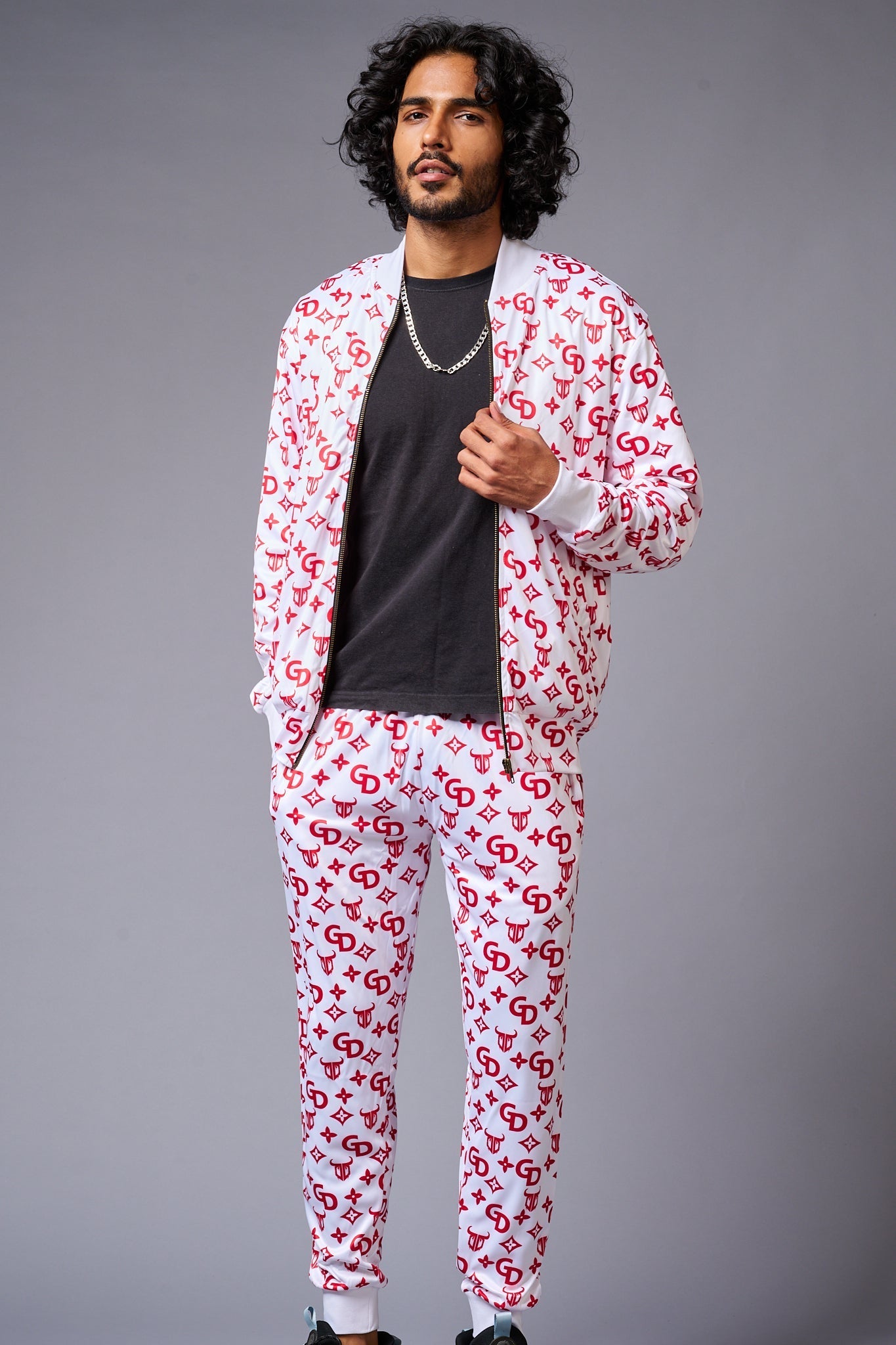 GD Logo (in red) Printed White Bomber Style Jacket with Pant Co-ord Set for Men - Go Devil