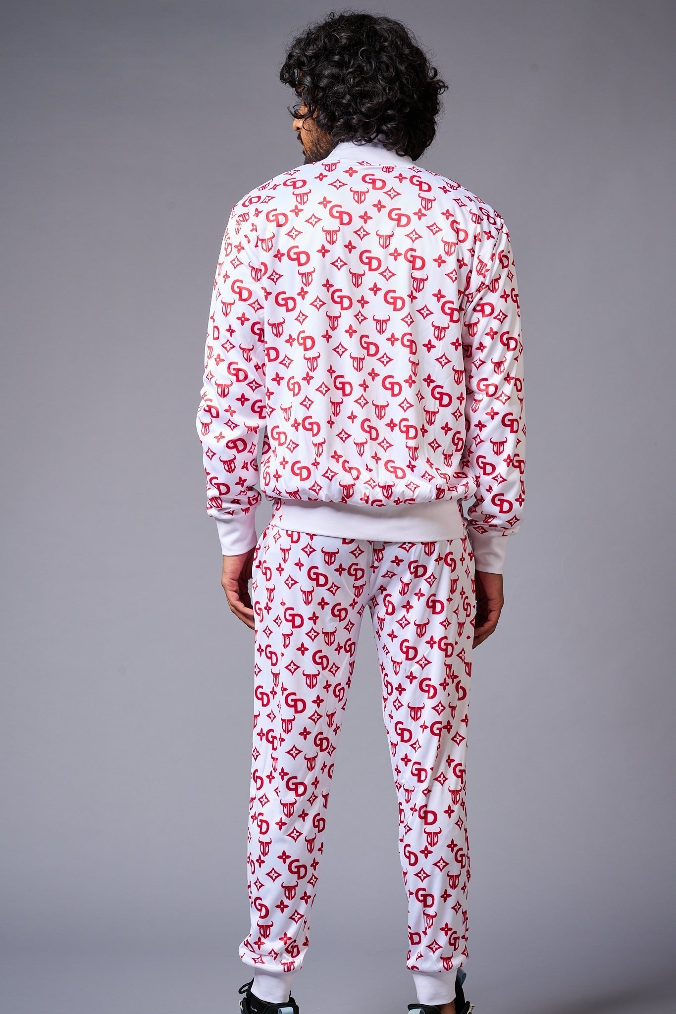GD Logo (in red) Printed White Bomber Style Jacket with Pant Co-ord Set for Men - Go Devil