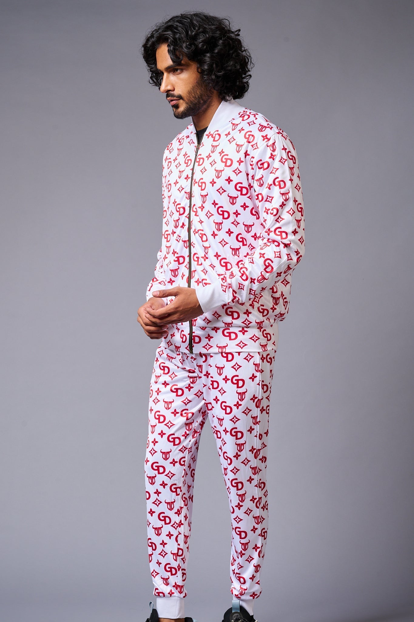 GD Logo (in red) Printed White Bomber Style Jacket with Pant Co-ord Set for Men - Go Devil